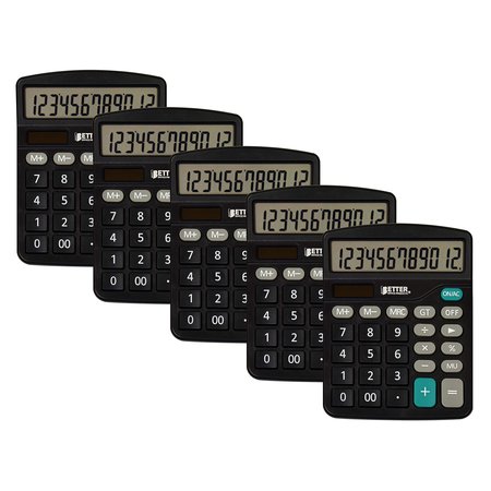 BETTER OFFICE PRODUCTS Large Desktop Calculators, 12-Digit LCD Display, Angled Display Panel, Black, Dual Power, 5PK 00400
